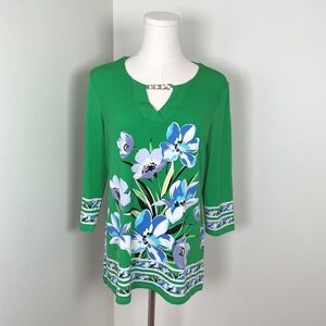 JM Collection Green Floral V-Neck 3/4 Sleeve Top Gold Chain Detail Petite Medium